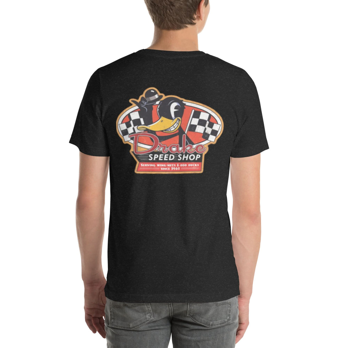 Back view of black heather Speed Shop 001 unisex T-shirt