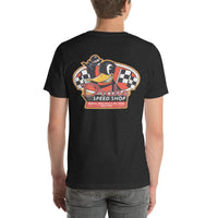 Back view of black heather Speed Shop 001 unisex T-shirt