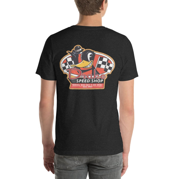 Back view of black heather Speed Shop 001 unisex T-shirt