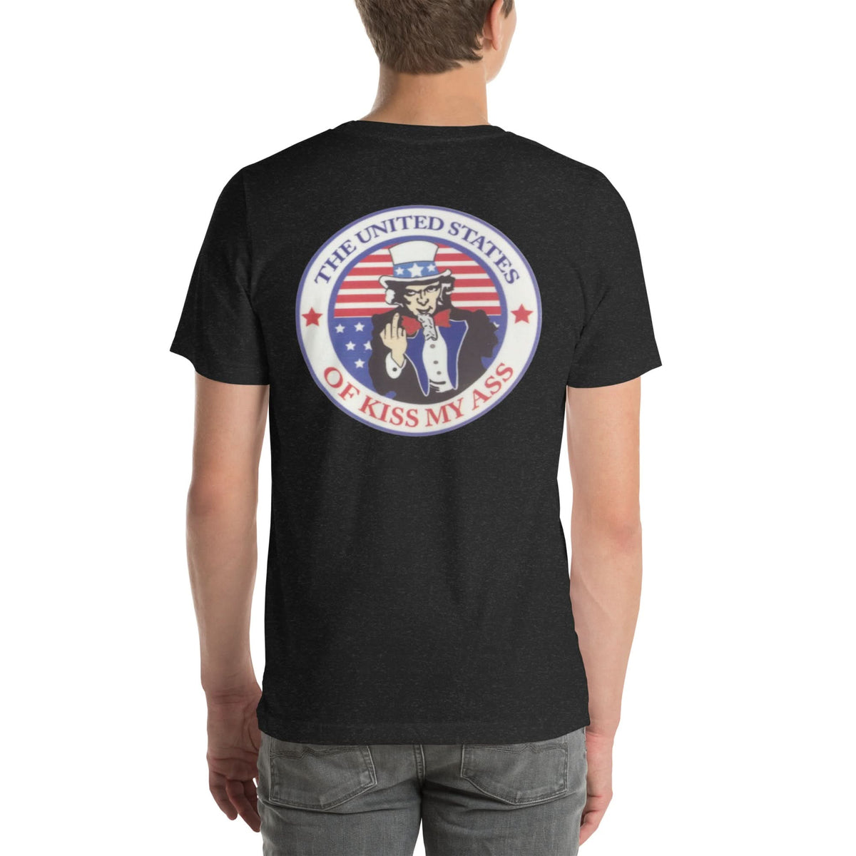Back view of black heather America the Great Red, White and Blue 001 unisex T-shirt