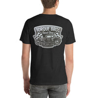Back view of black heather Speed Shop 002 unisex T-shirt