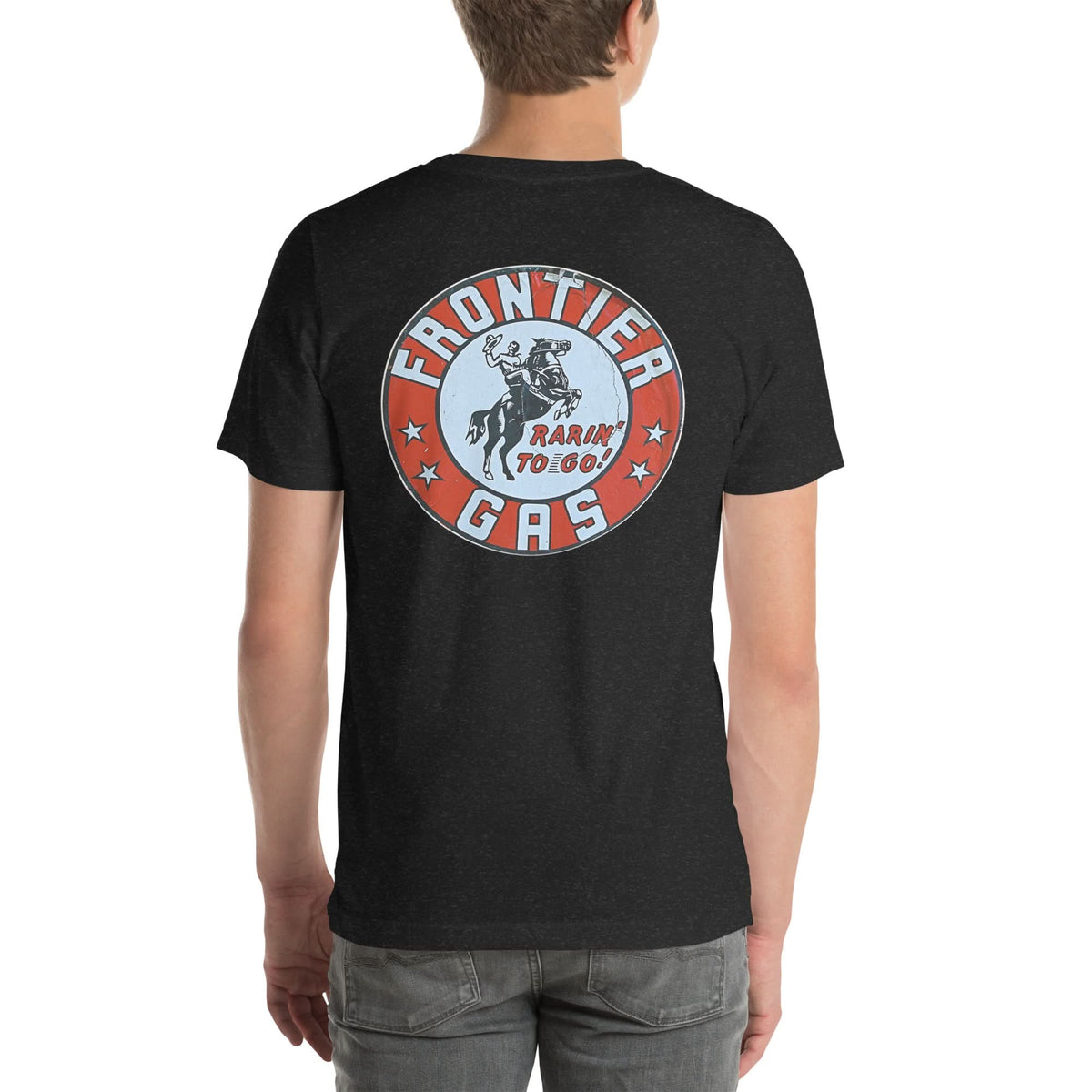 Back view of black heather Frontier Gas Vintage Gas and Oil unisex T-shirt