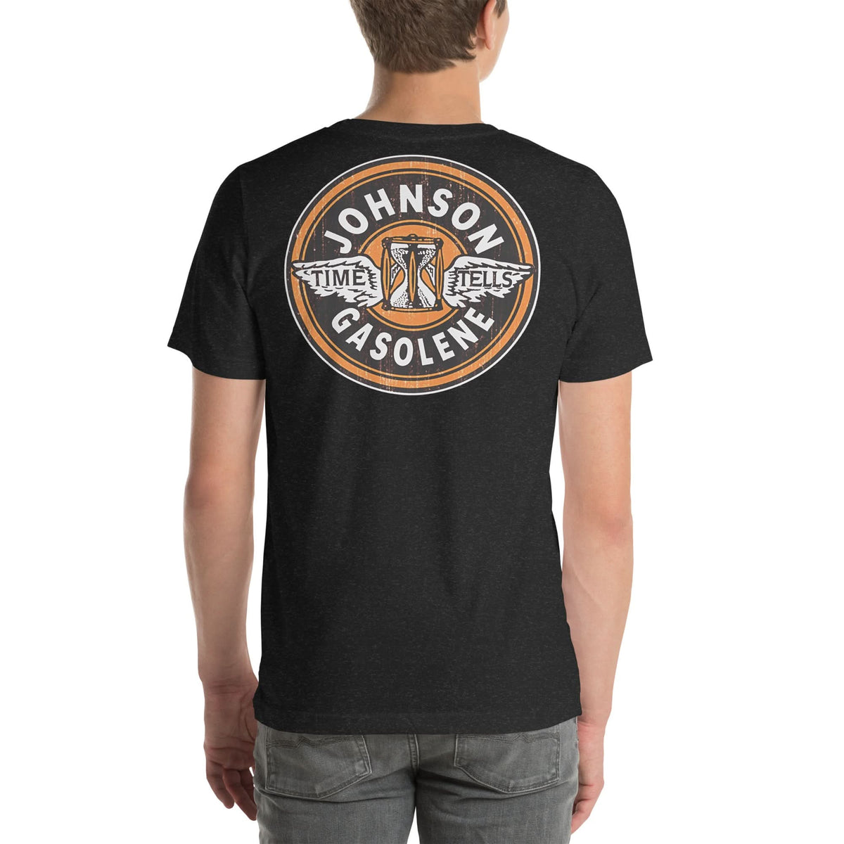 Back view of black heather Johnson Gas Vintage Gas and Oil unisex T-shirt