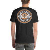 Back view of black heather Johnson Gas Vintage Gas and Oil unisex T-shirt