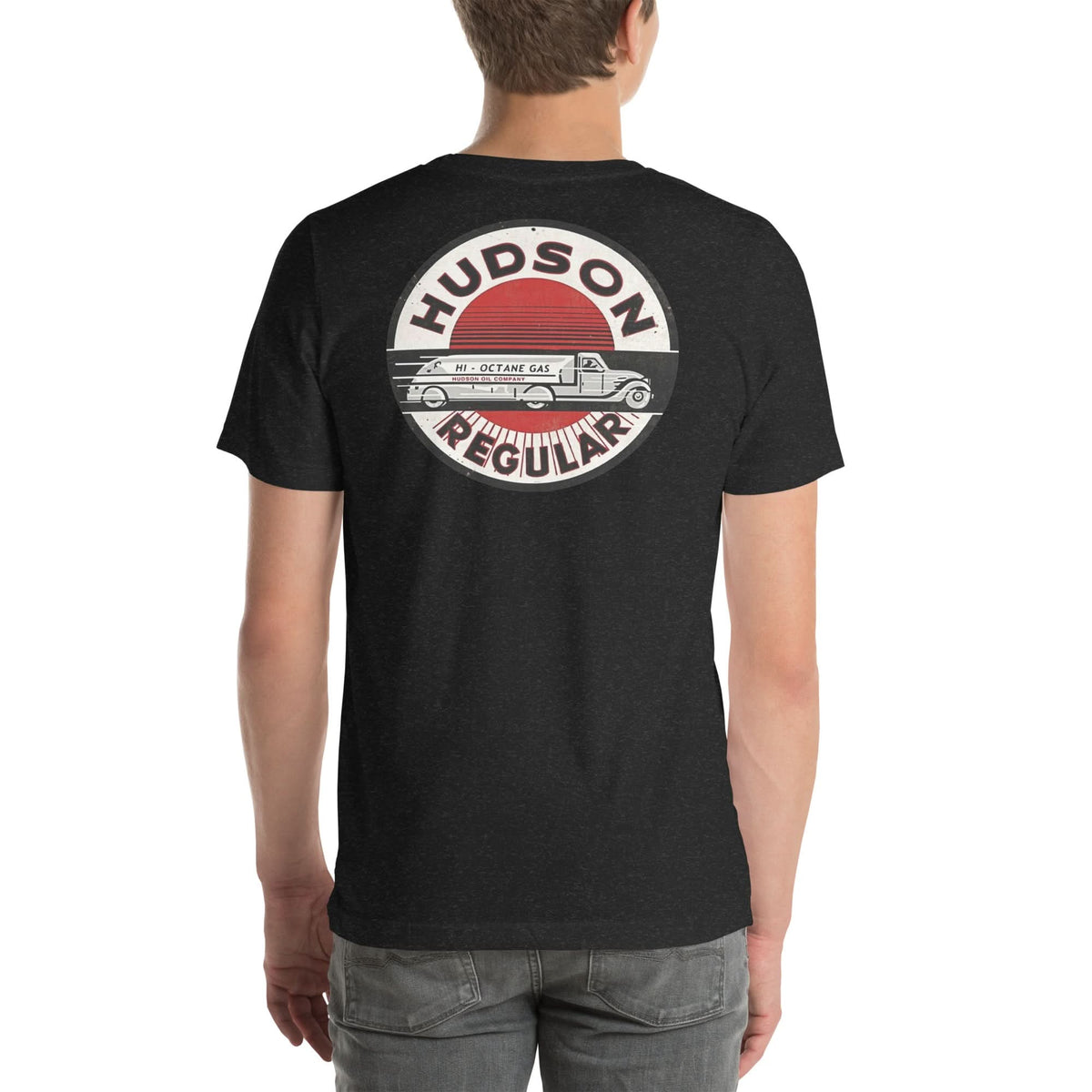 Back view of black heather Hudson Gas Vintage Gas and Oil unisex T-shirt