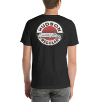 Back view of black heather Hudson Gas Vintage Gas and Oil unisex T-shirt