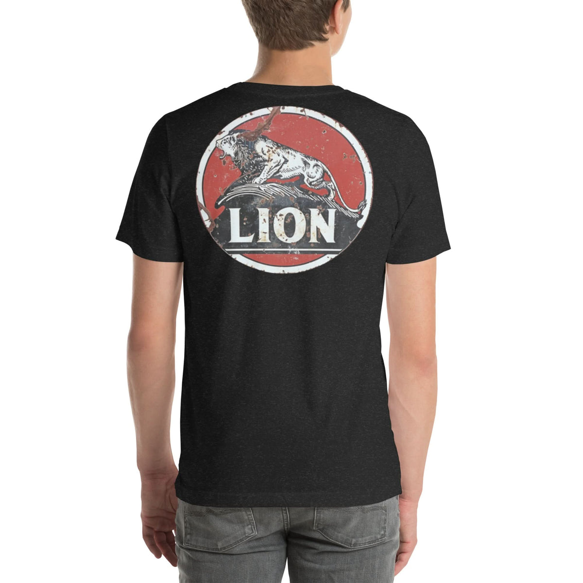 Back view of black heather Lion Gas Vintage Gas and Oil unisex T-shirt