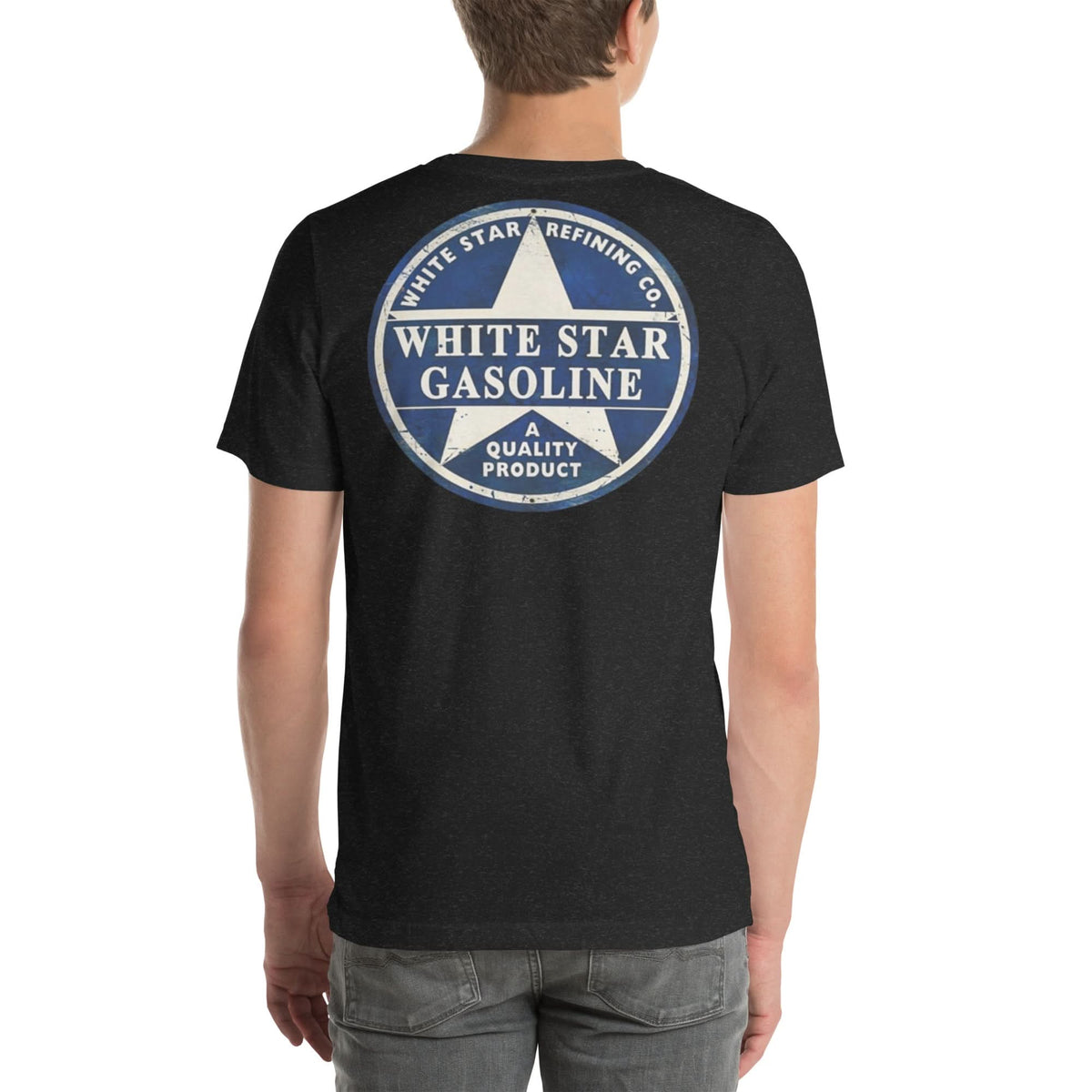 Back view of black heather White Star Gasoline Vintage Gas and Oil unisex T-shirt