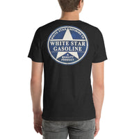 Back view of black heather White Star Gasoline Vintage Gas and Oil unisex T-shirt