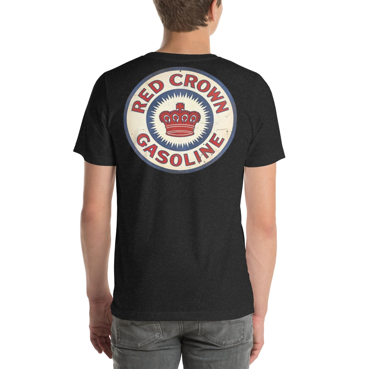 Back view of black heather Red Crown Gasoline Vintage Gas and Oil unisex T-shirt