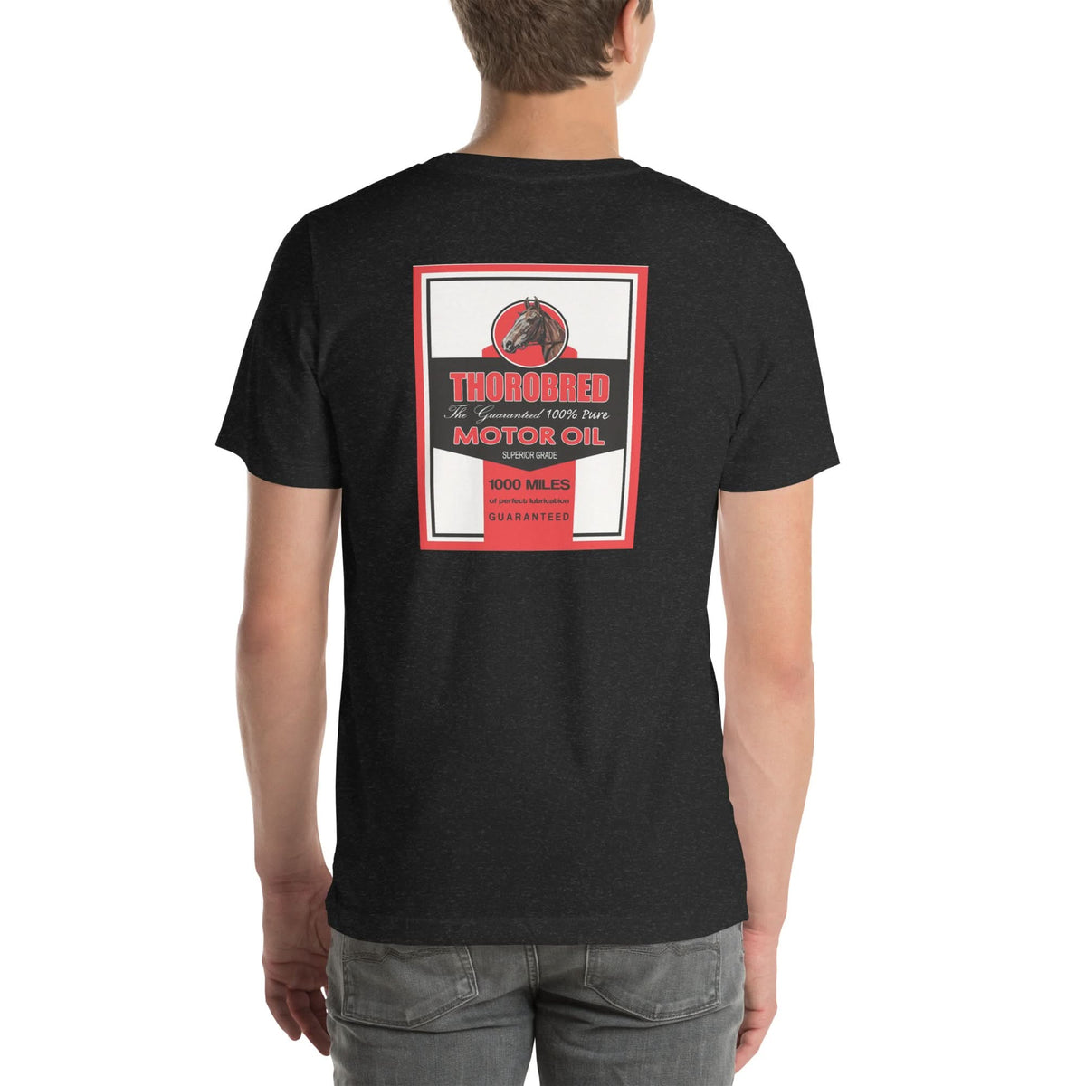Back view of black heather Thorobread Oil Vintage Gas and Oil unisex T-shirt