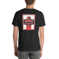 Back view of black heather Thorobread Oil Vintage Gas and Oil unisex T-shirt