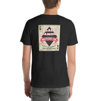 Back view of black heather Black Diamond Motor Oil Vintage Gas and Oil unisex T-shirt