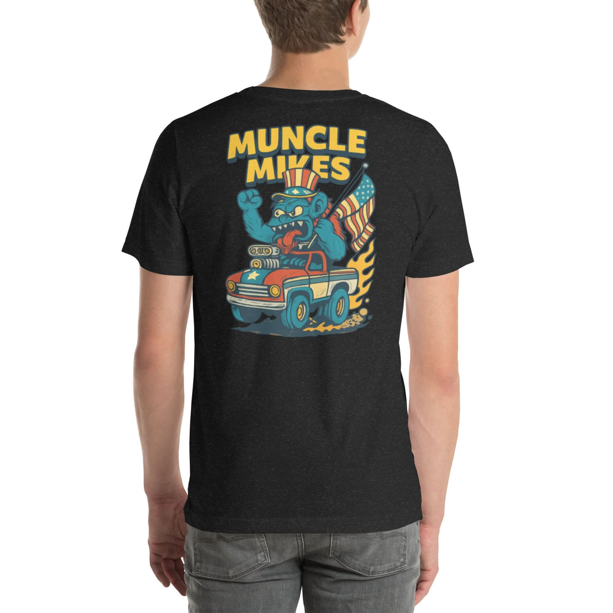 Back view of black heather Monster Rods 026 unisex T-shirt