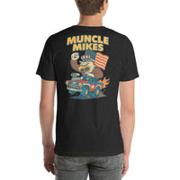 Back view of black heather Monster Rods 027 unisex T-shirt