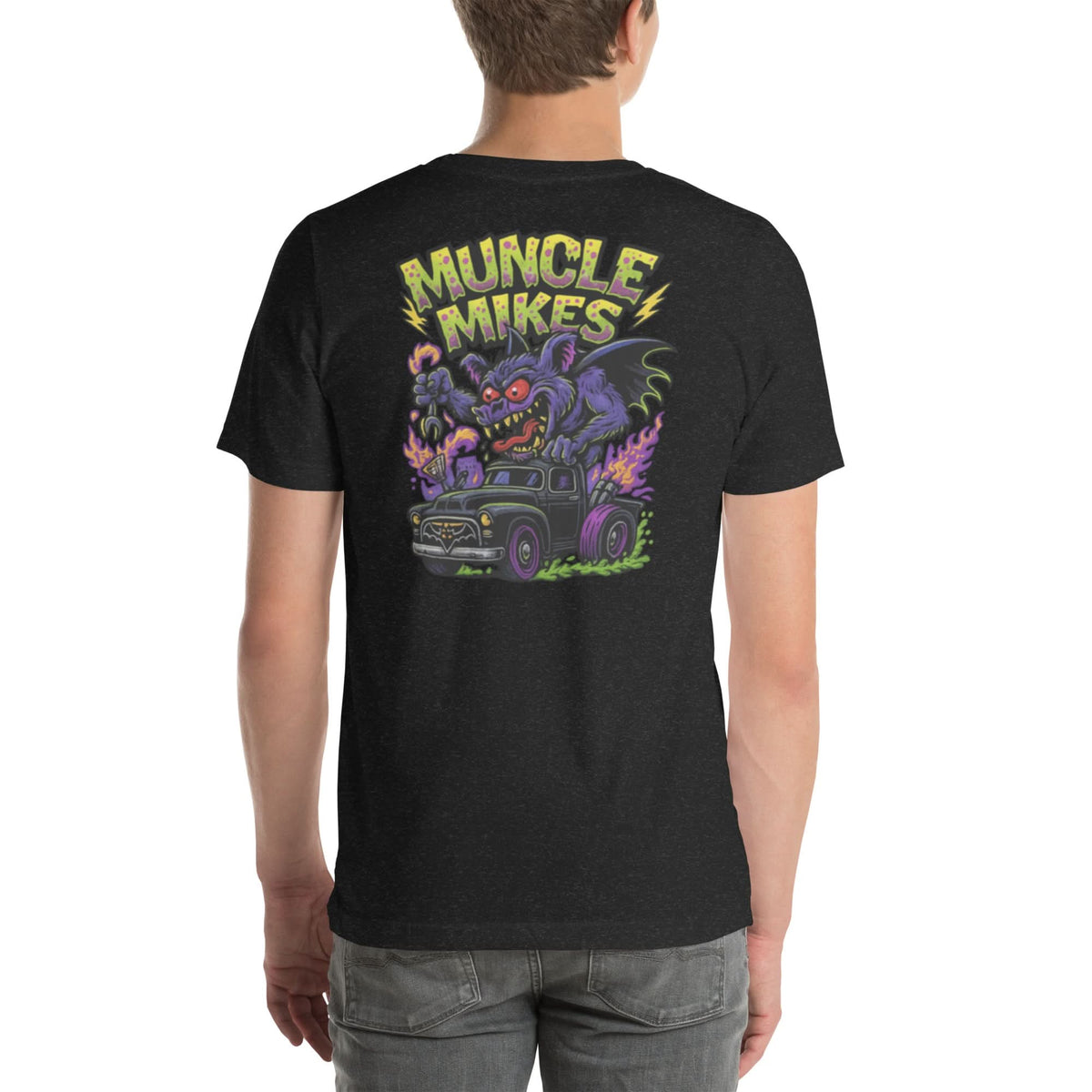 Back view of black heather Monster Rods 029 unisex T-shirt
