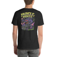 Back view of black heather Monster Rods 029 unisex T-shirt