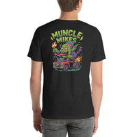 Back view of black heather Monster Rods 030 unisex T-shirt