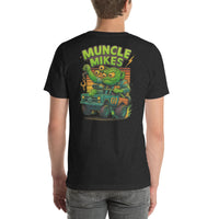Back view of black heather Monster Rods 035 unisex T-shirt