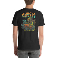Back view of black heather Monster Rods 036 unisex T-shirt