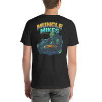 Back view of black heather Monster Rods 038 unisex T-shirt