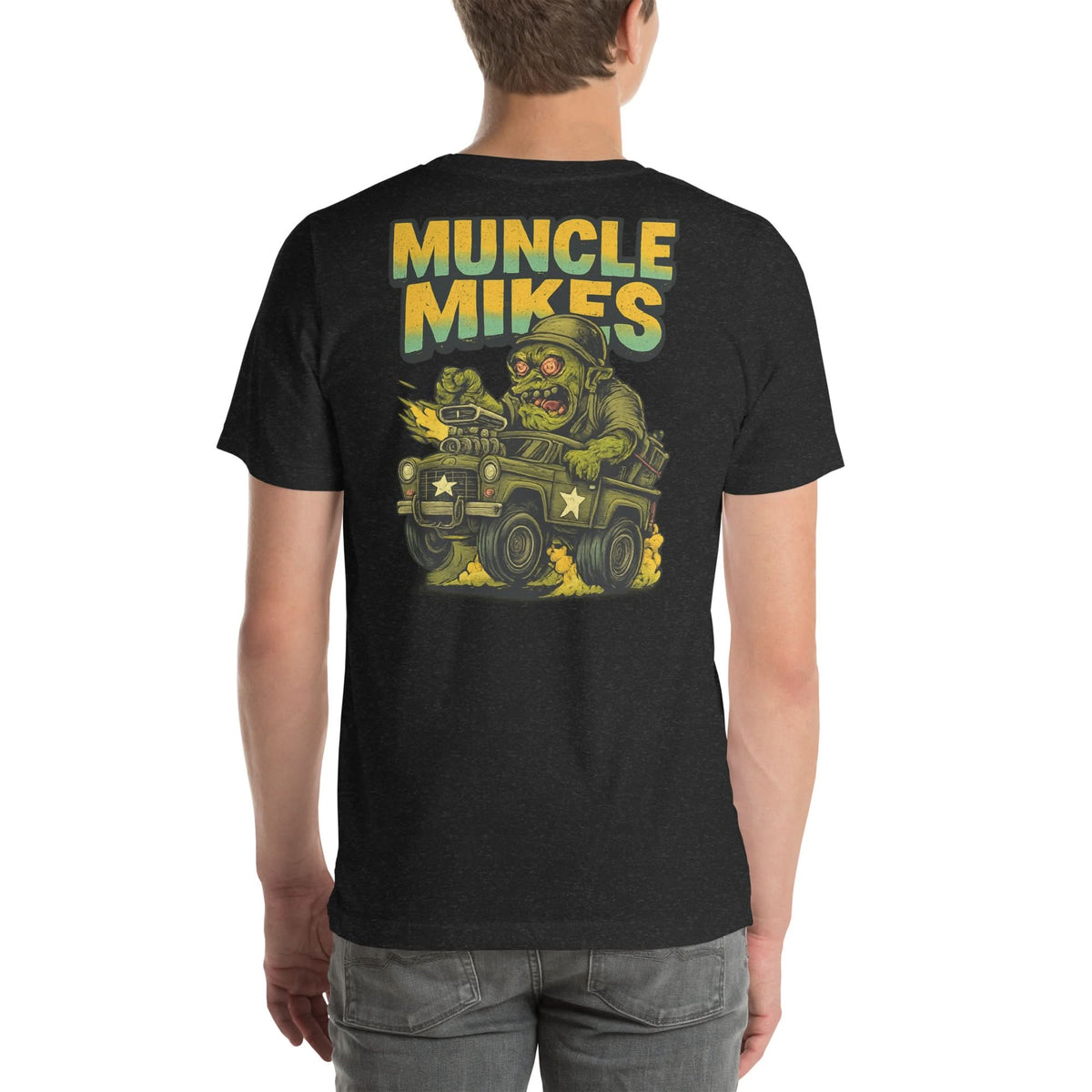 Back view of black heather Monster Rods 039 unisex T-shirt