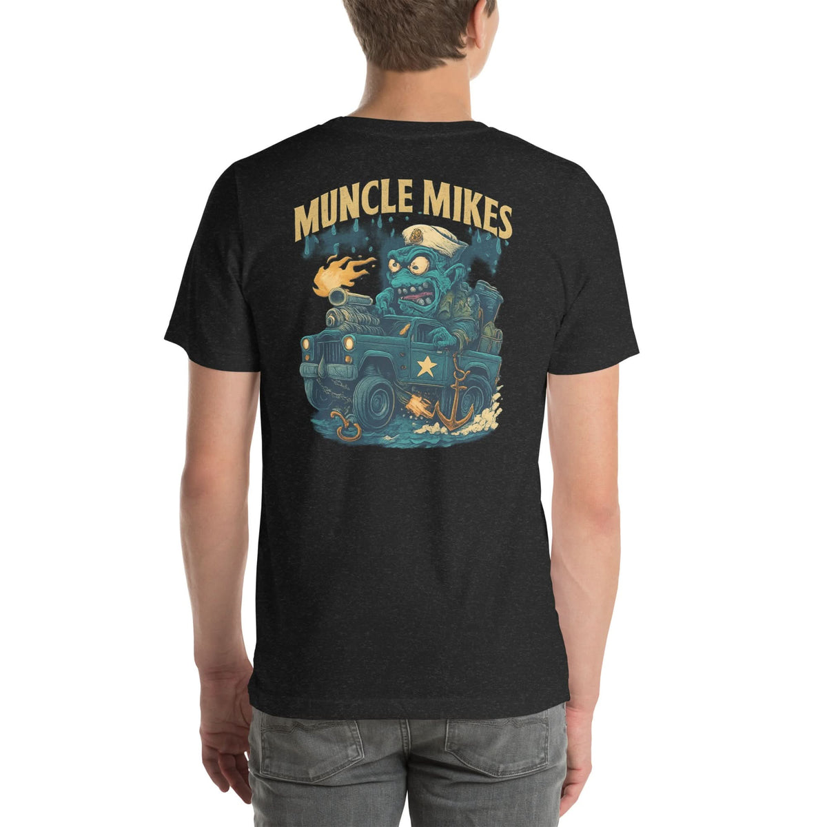 Back view of black heather Monster Rods 041 unisex T-shirt