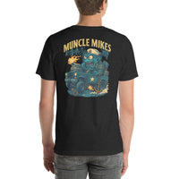 Back view of black heather Monster Rods 041 unisex T-shirt