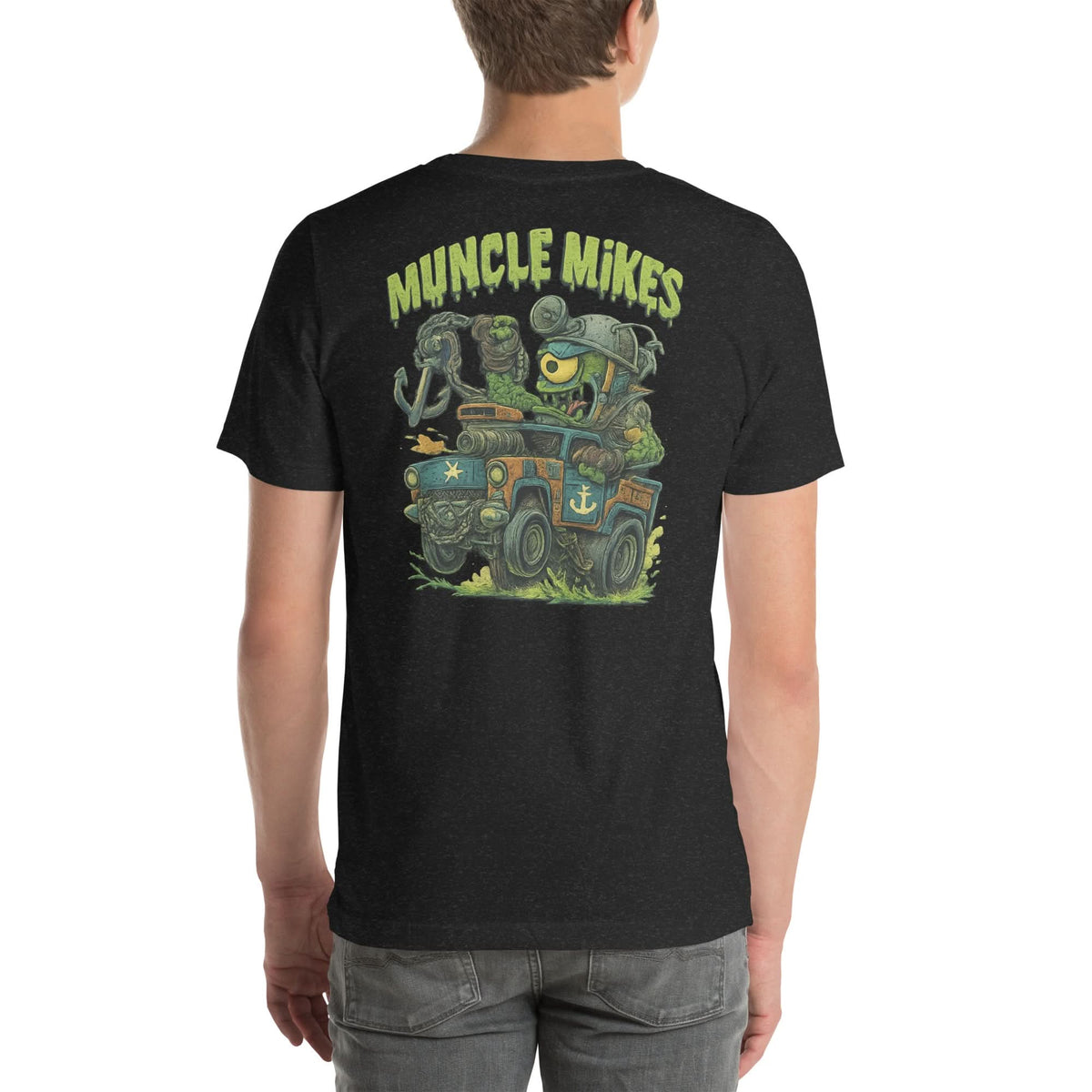 Back view of black heather Monster Rods 042 unisex T-shirt