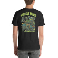 Back view of black heather Monster Rods 042 unisex T-shirt