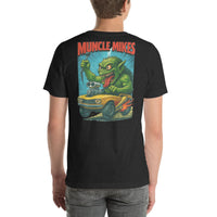 Back view of black heather Monster Rods 003 unisex T-shirt