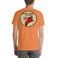 Back view of burnt orange Fire Chief Vintage Gas and Oil unisex T-shirt