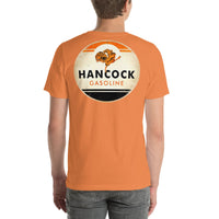 Back view of burnt orange Hancock Gasoline Vintage Gas and Oil unisex T-shirt