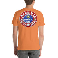 Back view of burnt orange Magnolia Oil and Gas Vintage Gas and Oil unisex T-shirt