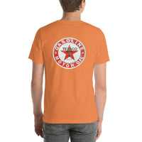 Back view of burnt orange TEXACO Vintage Gas and Oil unisex T-shirt
