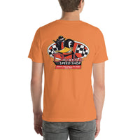 Back view of burnt orange Speed Shop 001 unisex T-shirt