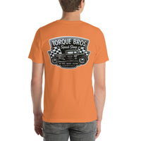 Back view of burnt orange Speed Shop 002 unisex T-shirt