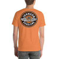 Back view of burnt orange Johnson Gas Vintage Gas and Oil unisex T-shirt