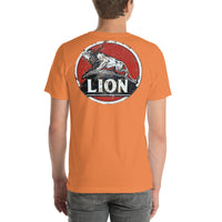 Back view of burnt orange Lion Gas Vintage Gas and Oil unisex T-shirt