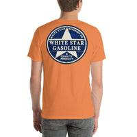 Back view of burnt orange White Star Gasoline Vintage Gas and Oil unisex T-shirt