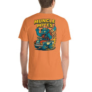 Back view of burnt orange Monster Rods 026 unisex T-shirt