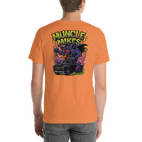 Back view of burnt orange Monster Rods 029 unisex T-shirt