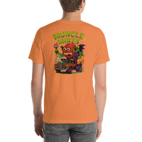 Back view of burnt orange Monster Rods 031 unisex T-shirt