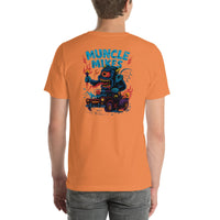 Back view of burnt orange Monster Rods 032 unisex T-shirt