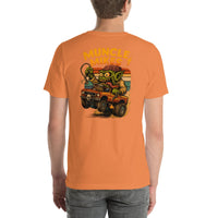 Back view of burnt orange Monster Rods 034 unisex T-shirt