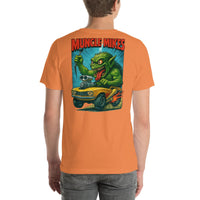 Back view of burnt orange Monster Rods 003 unisex T-shirt