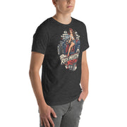 Rev Match Rita hot-rod T-shirt, Dark Grey Heather right front mockup