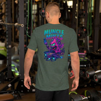Back view of heather forest Monster Rods 005 unisex T-shirt