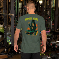 Back view of heather forest Monster Rods 012 unisex T-shirt