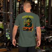 Back view of heather forest Monster Rods 013 unisex T-shirt